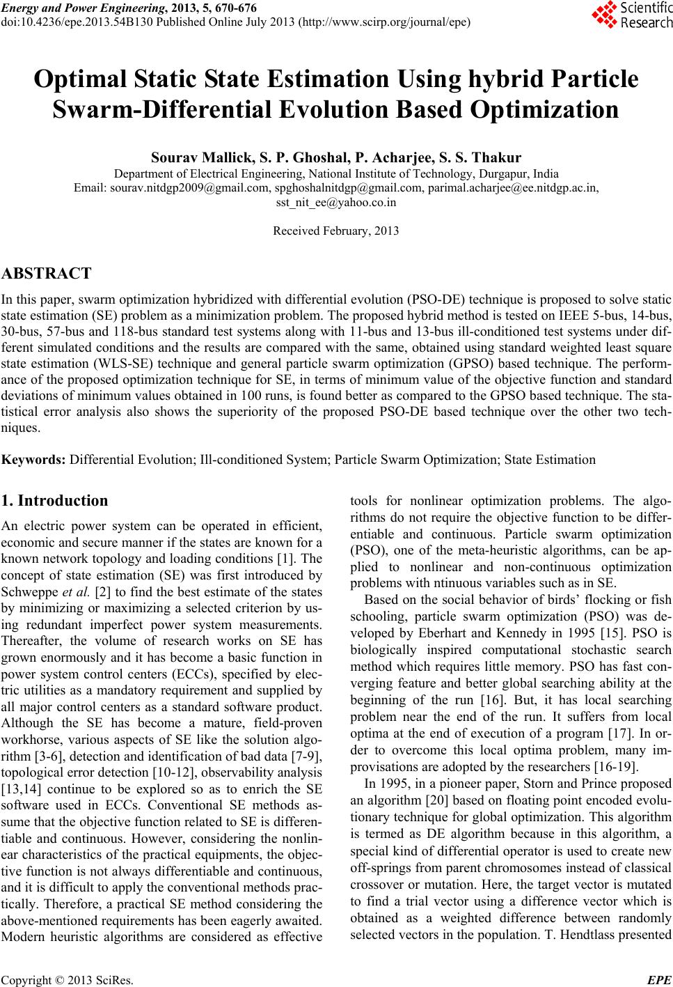 Optimal Static State Estimation Using hybrid Particle SwarmDifferential Evolution Based
