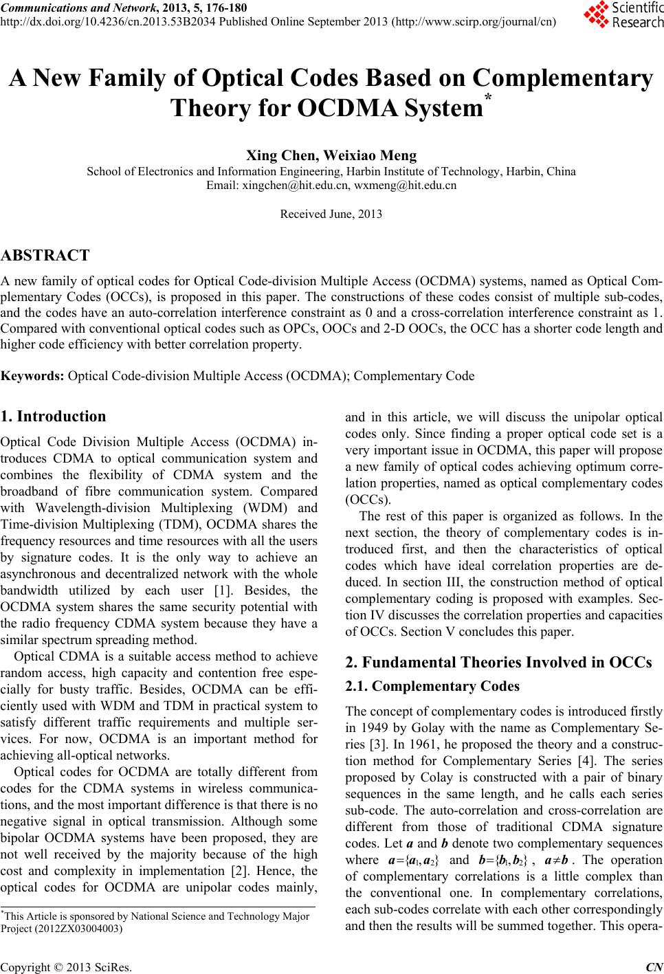 A New Family of Optical Codes Based on Complementary Theory for OCDMA