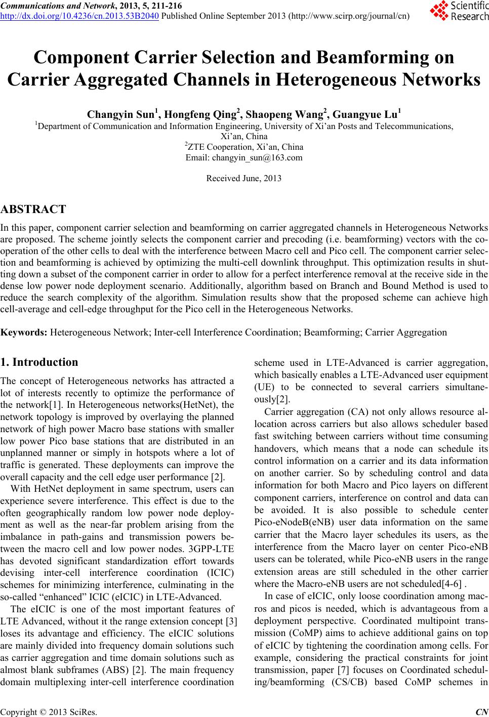Component Carrier Selection and Beamforming on Carrier Aggregated
