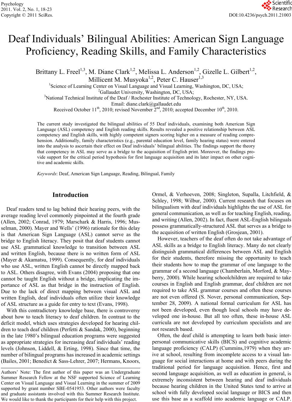 Deaf Individuals’ Bilingual Abilities American Sign Language