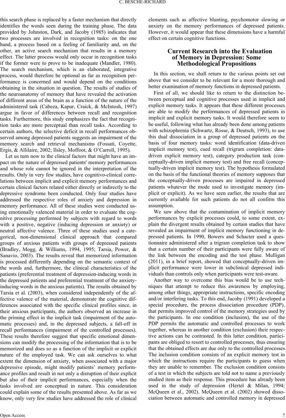 Explicit and Implicit Memory in Depressive Patients. Review of the ...