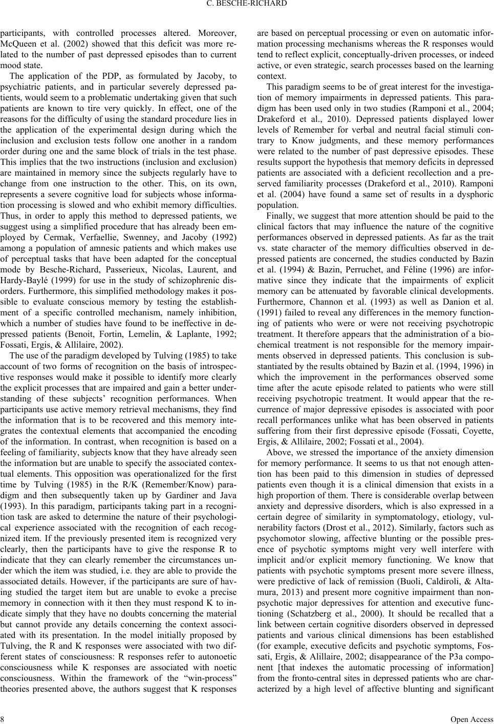 Explicit and Implicit Memory in Depressive Patients. Review of the ...