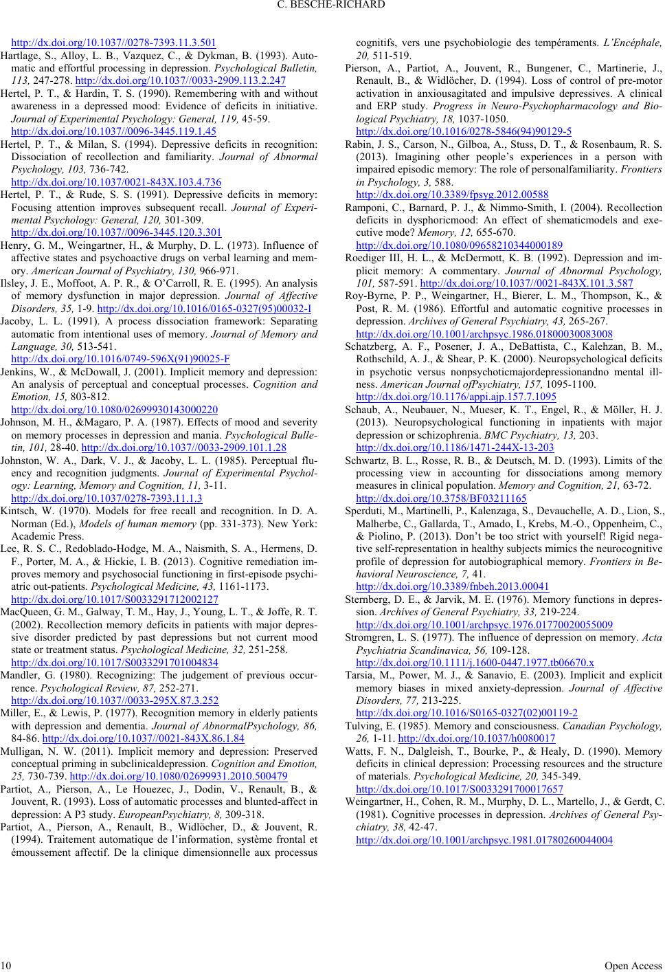 Explicit and Implicit Memory in Depressive Patients. Review of the ...