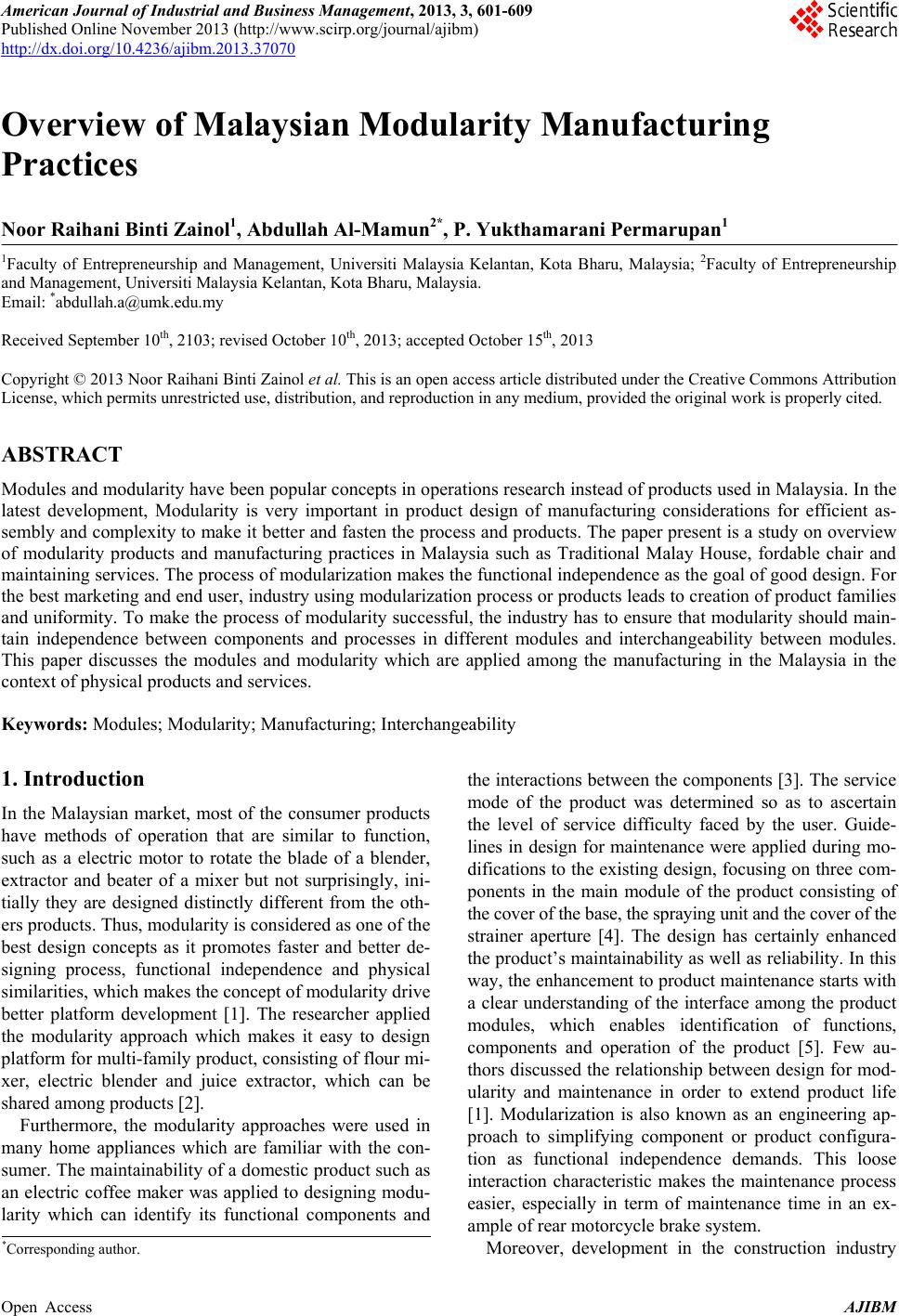 Overview Of Malaysian Modularity Manufacturing Practices