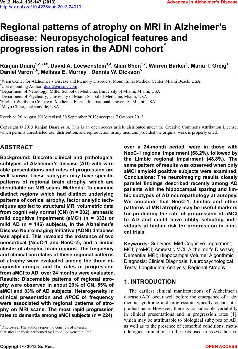 Regional patterns of atrophy on MRI in Alzheimer’s disease ...
