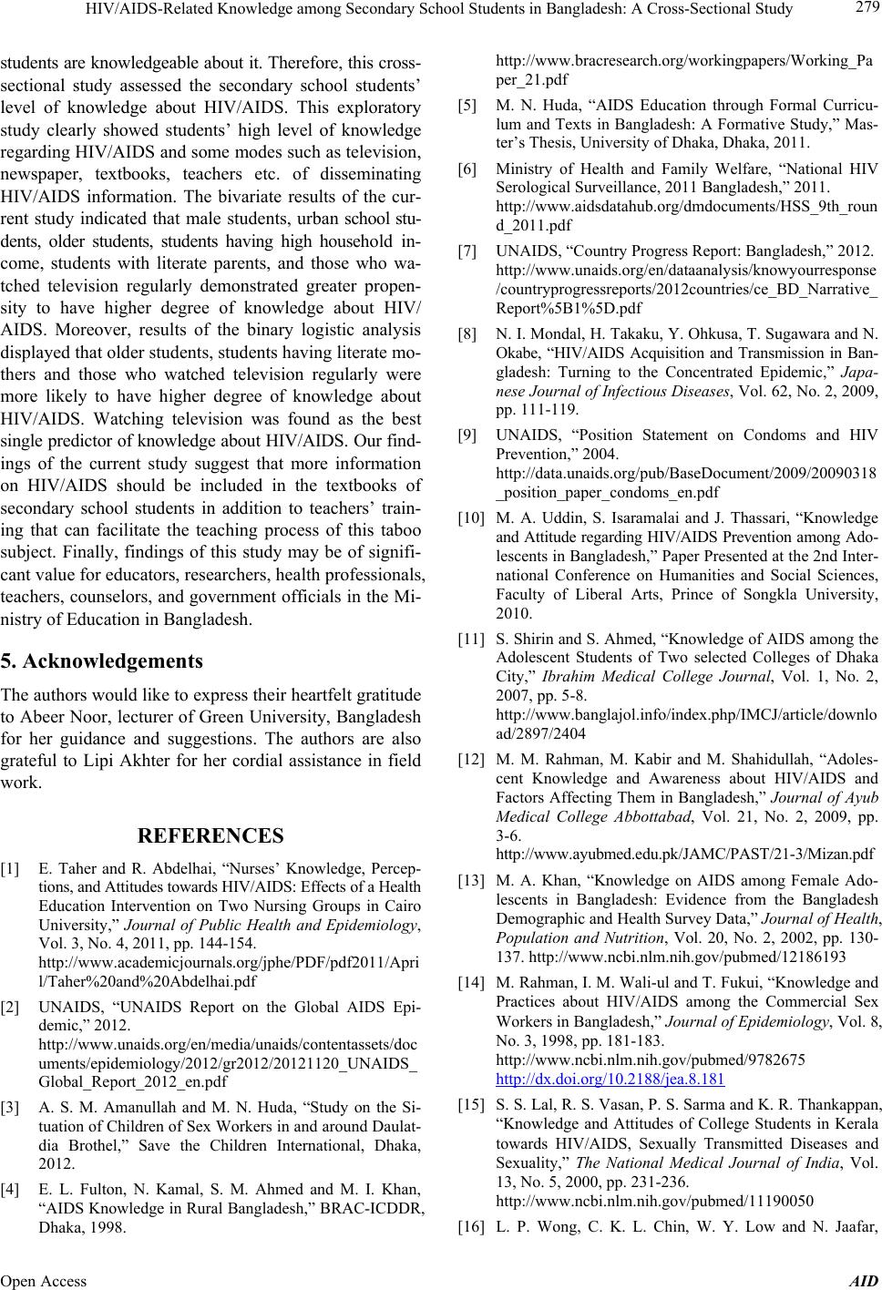 HIV/AIDSRelated Knowledge among Secondary School Students in Bangladesh A CrossSectional Study