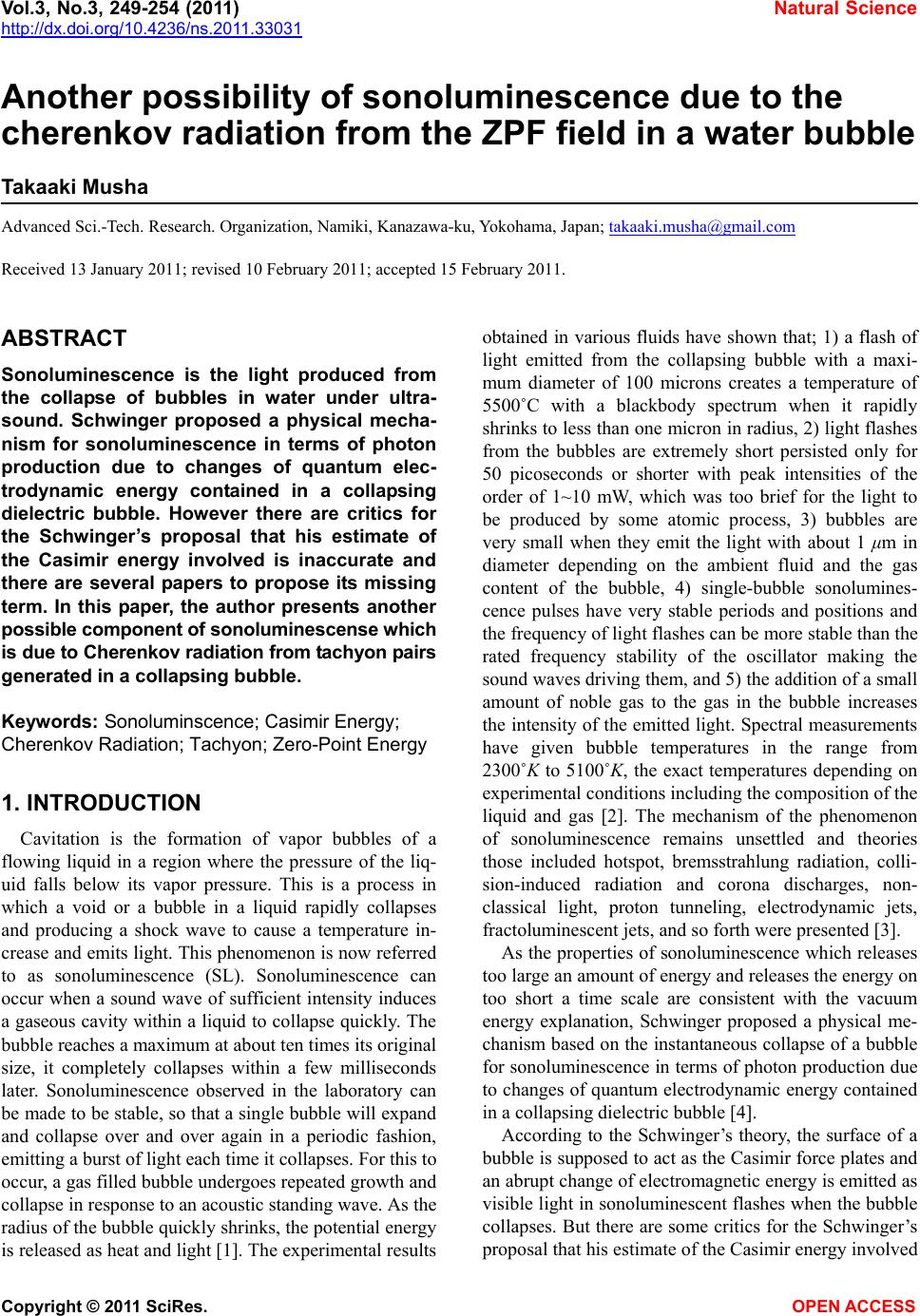 Another Possibility Of Sonoluminescence Due To The Cherenkov Radiation 