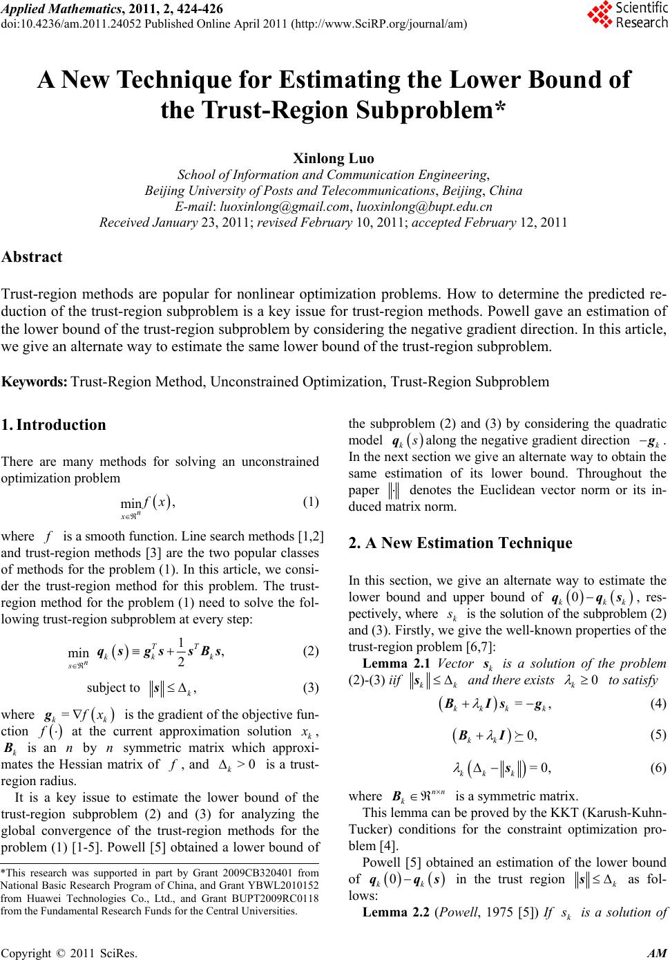 A New Technique for Estimating the Lower Bound of the Trust-Region ...
