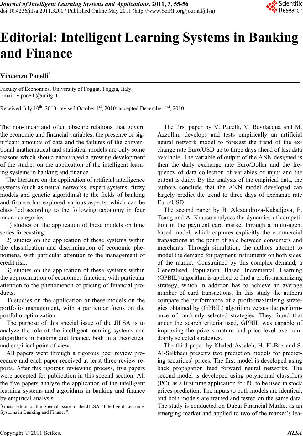 Editorial Intelligent Learning Systems in Banking and Finance