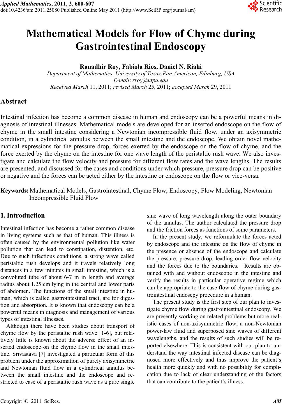 Mathematical Models for Flow of Chyme during Gastrointestinal Endoscopy