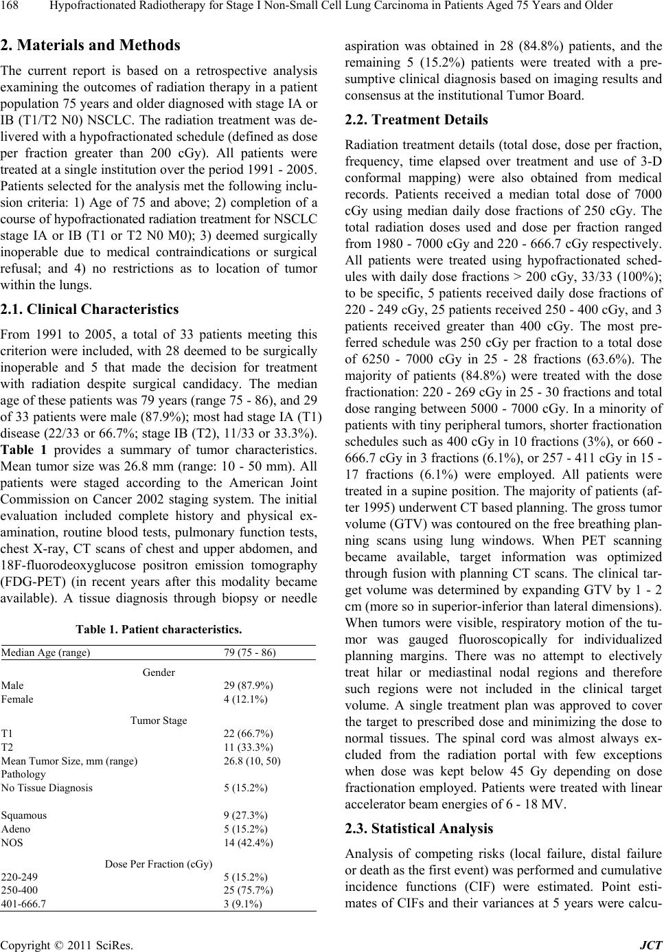 Hypofractionated Radiotherapy for Stage I Non-small Cell Lung Carcinoma ...