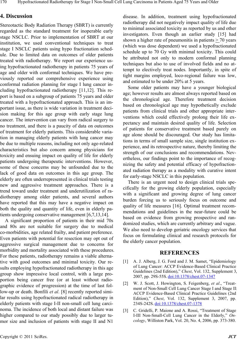 Hypofractionated Radiotherapy for Stage I Non-small Cell Lung Carcinoma ...