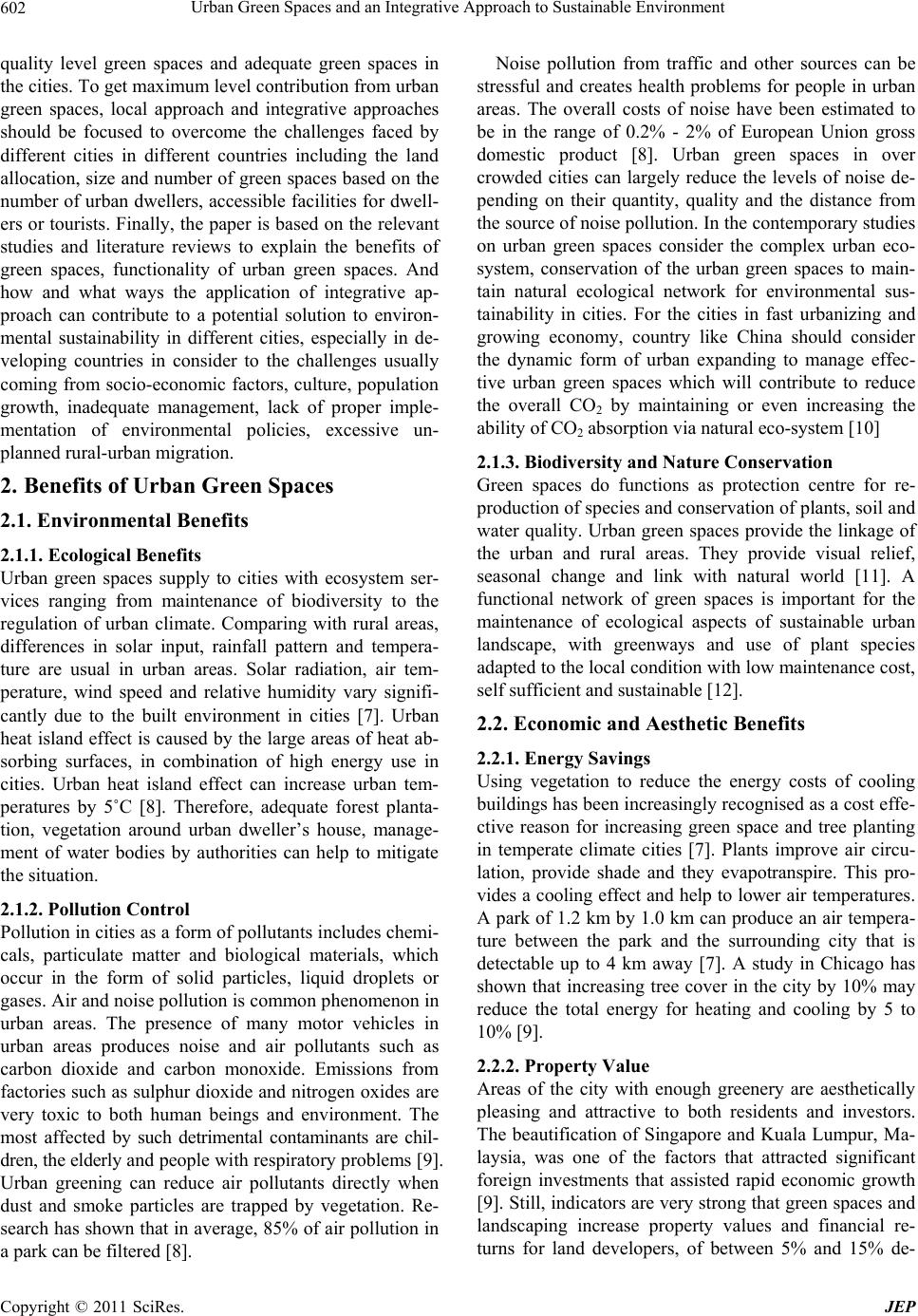 Urban Green Spaces and an Integrative Approach to Sustainable Environment