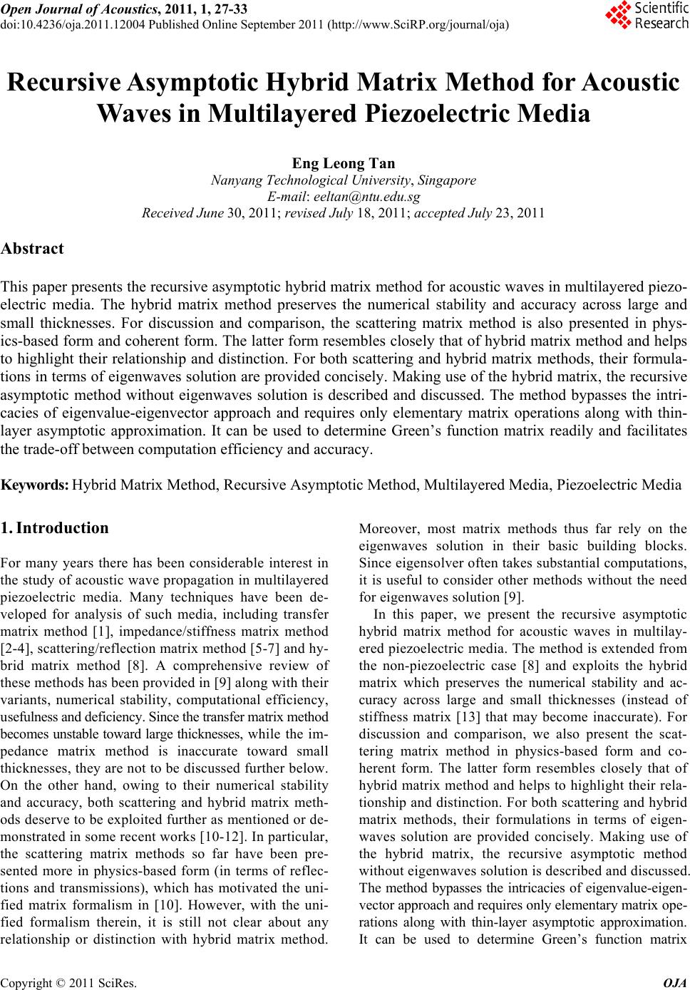Recursive Asymptotic Hybrid Matrix Method for Acoustic Waves in ...