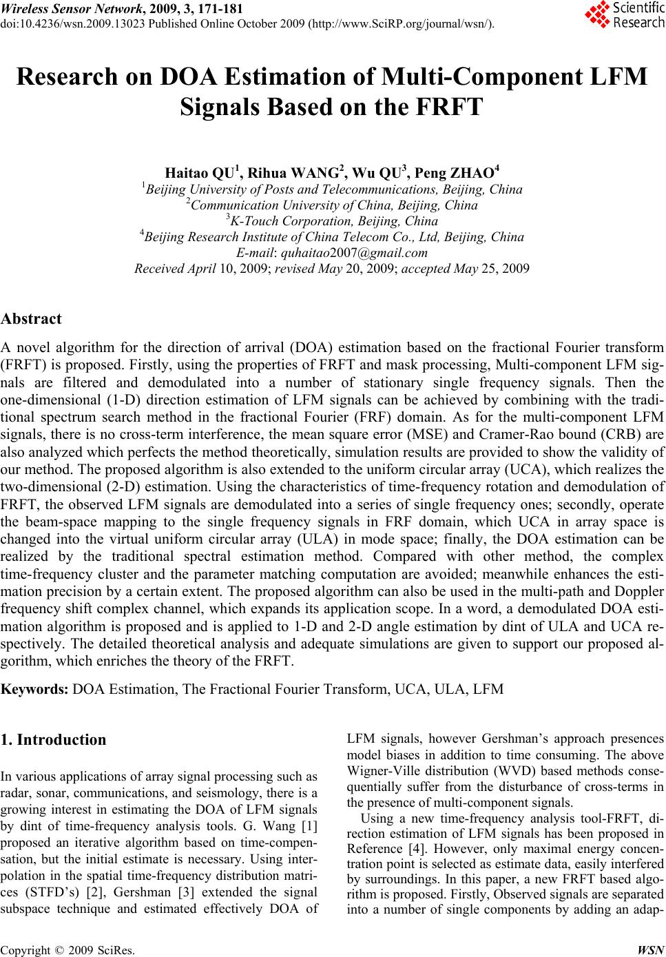 Research on DOA Estimation of Multi-Component LFM Signals Based on the FRFT