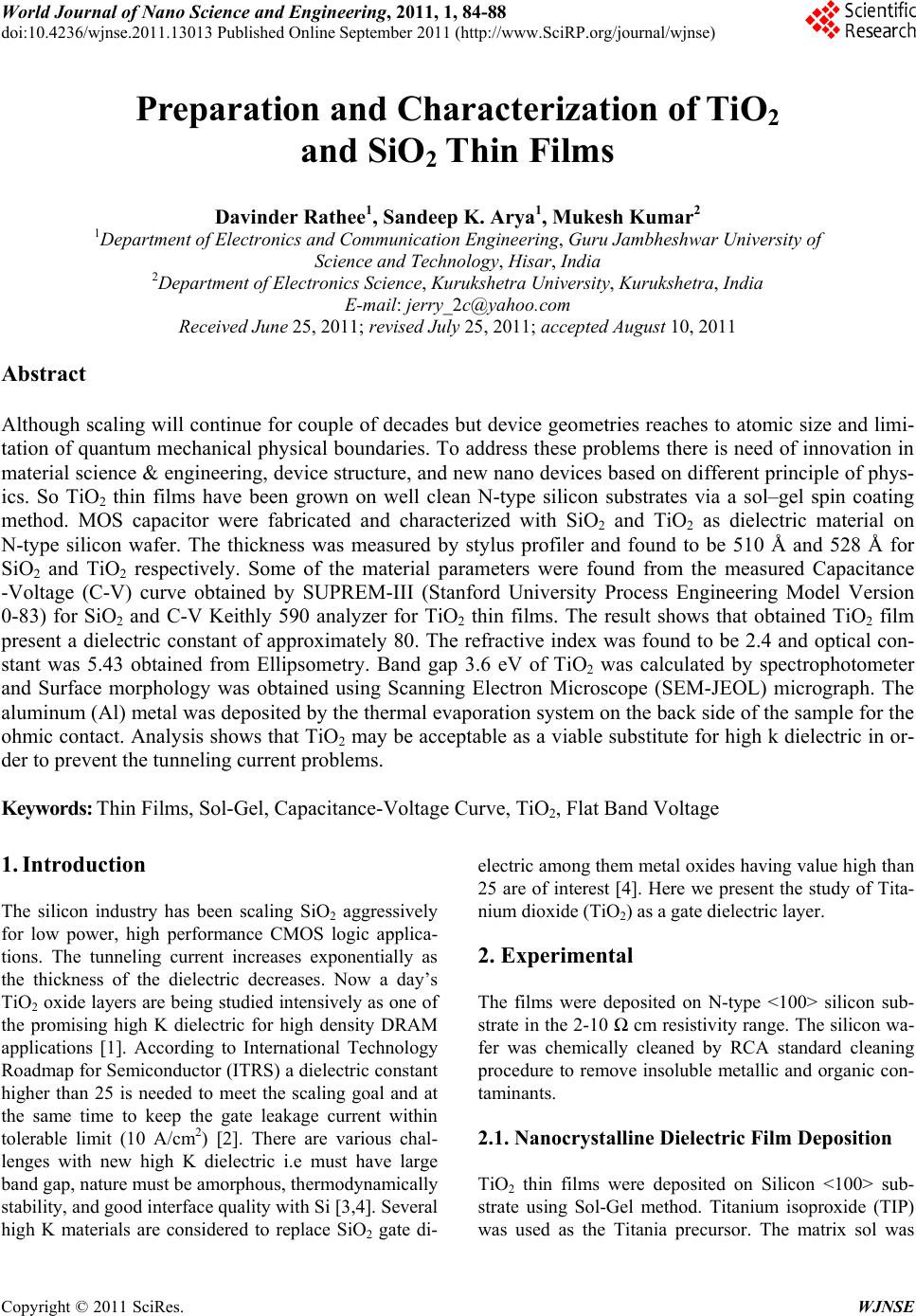 Preparation and Characterization of TiO 2 and SiO 2 Thin Films
