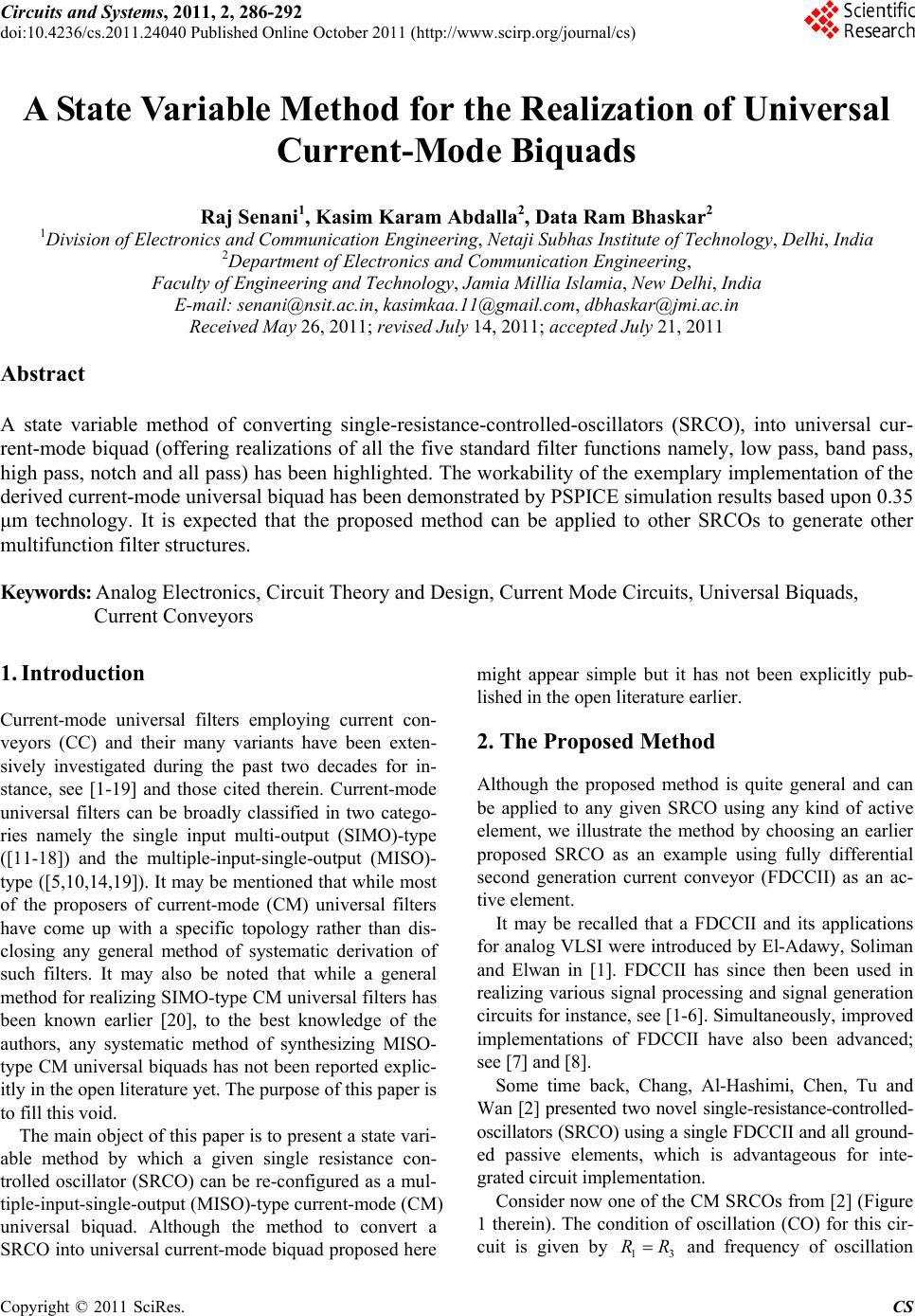A State Variable Method for the Realization of Universal Current-Mode ...