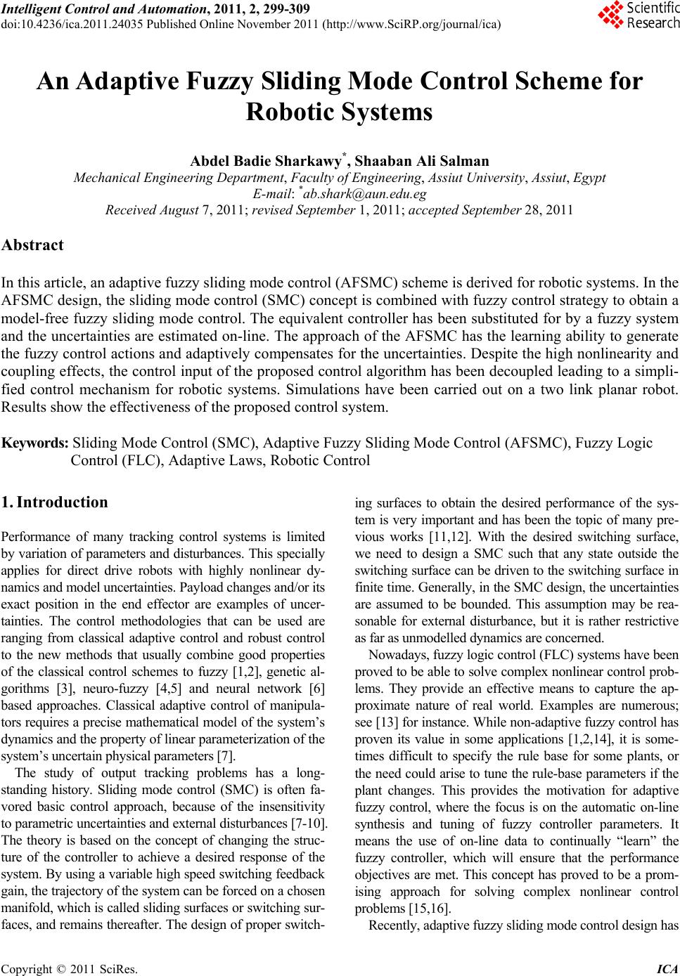 An Adaptive Fuzzy Sliding Mode Control Scheme for Robotic Systems