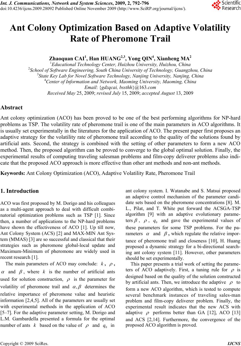 Ant Colony Optimization Based on Adaptive Volatility Rate of Pheromone ...