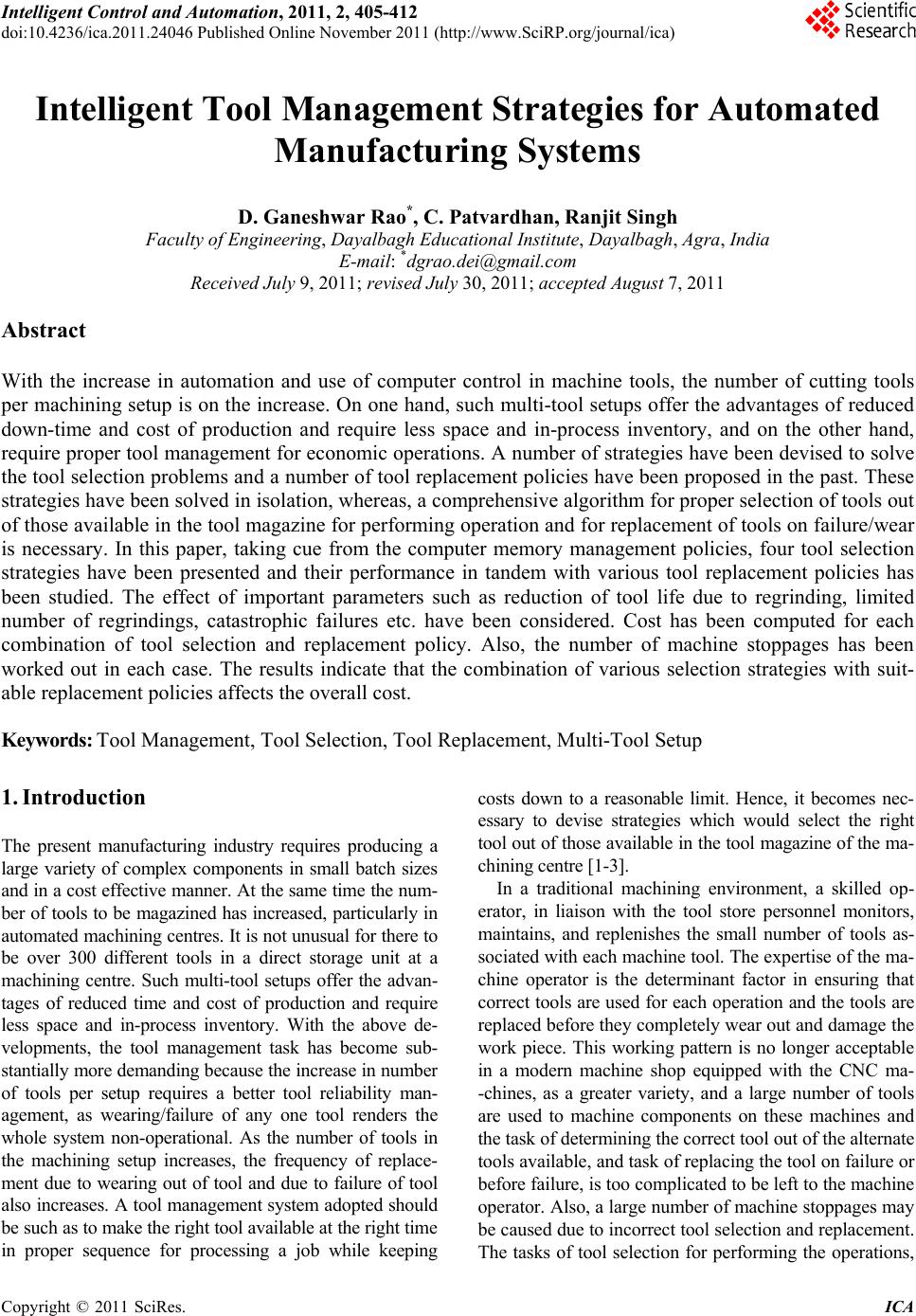 Intelligent Tool Management Strategies for Automated Manufacturing Systems