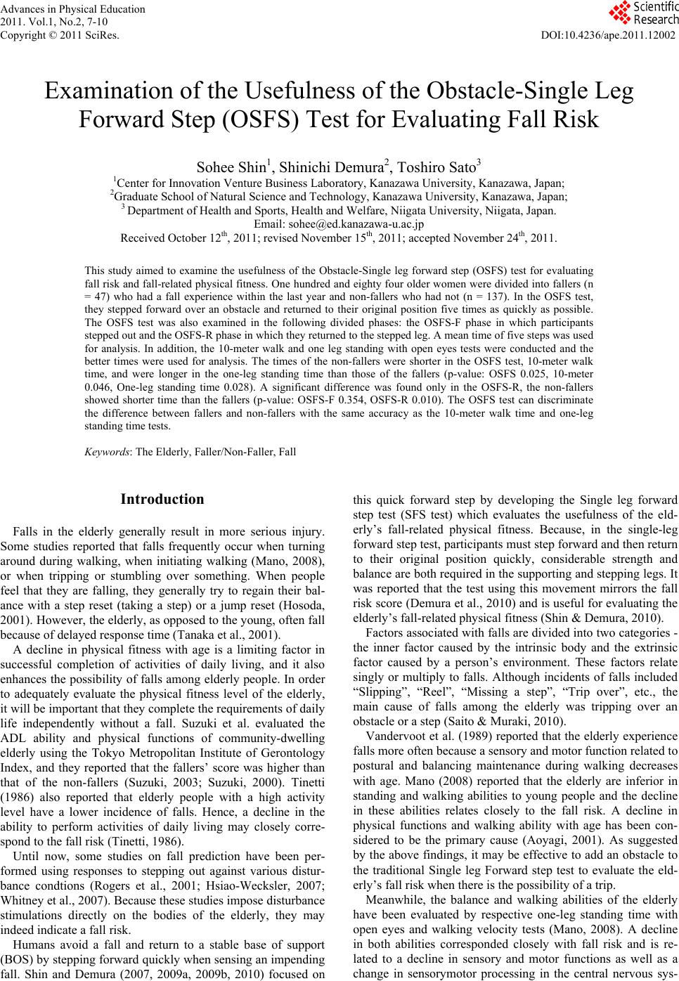 Examination of the Usefulness of the Obstacle-Single Leg forward