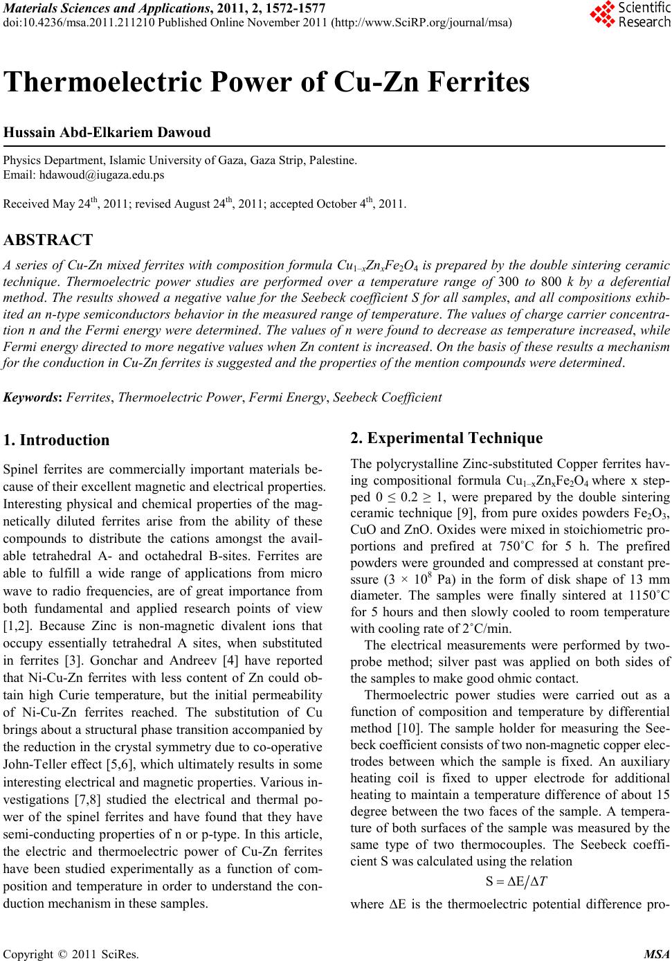 Thermoelectric Power of CuZn Ferrites