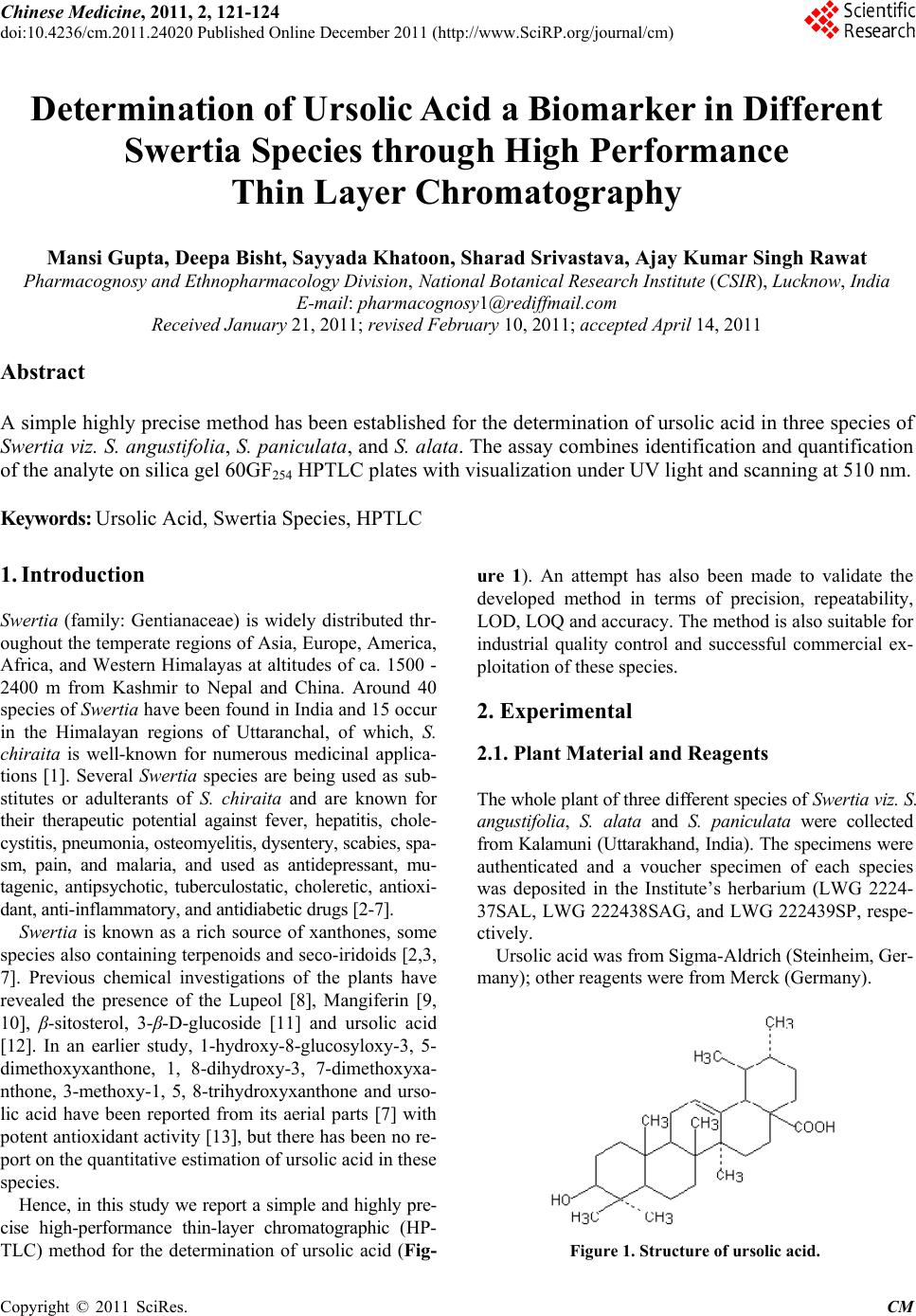 Determination of Ursolic Acid a Biomarker in Different Swertia Species ...